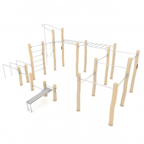 RB2328 PIATTAFORMA ADDOMINALI + BARRE AFFIANCATE E PARALLELE + SPALLIERA + ANELLI + BARRA VERTICALE + BARRE TRAZIONI